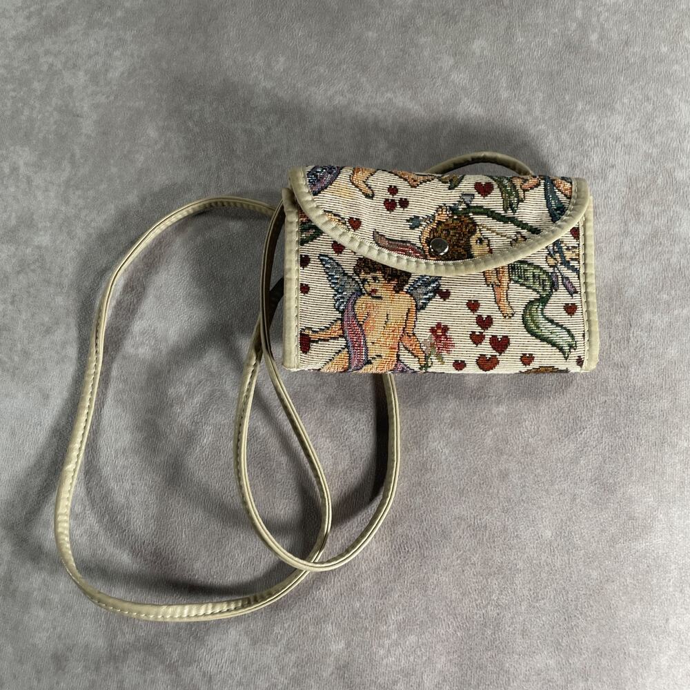 Vintage Cherub Angel Tapestry Crossbody Wallet Purse Bag Cream 7x4 Whimsy